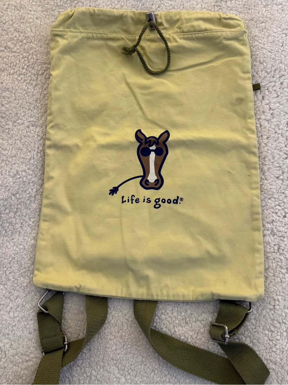 Life is Good Horse Canvas Drawstring Backpack Yellow Equestrian Vintage Style
